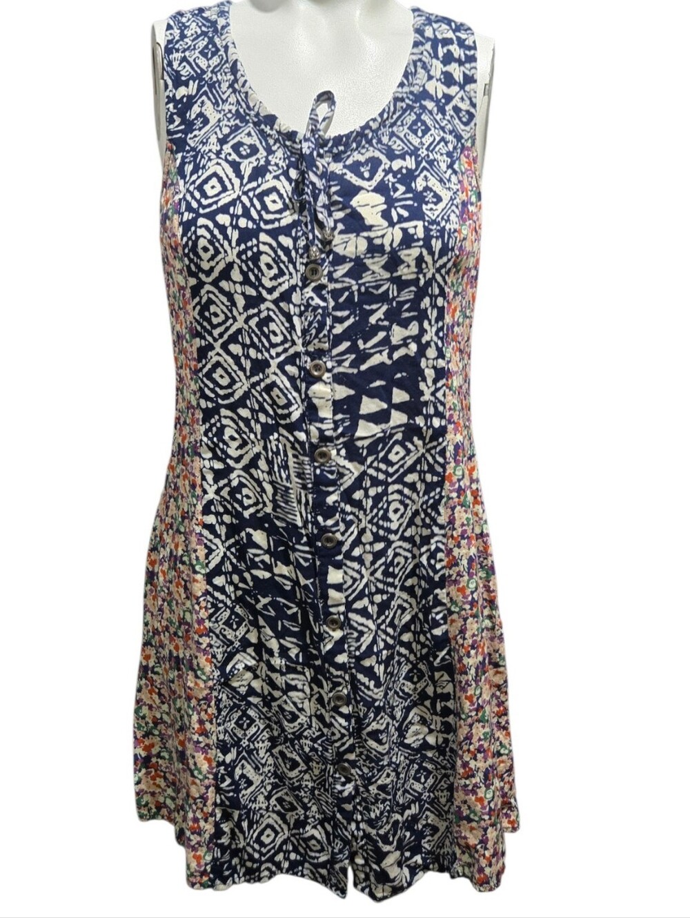 The Impeccable Pig Floral Boho Mini Dress Navy Blue Multicolor Sleeveless